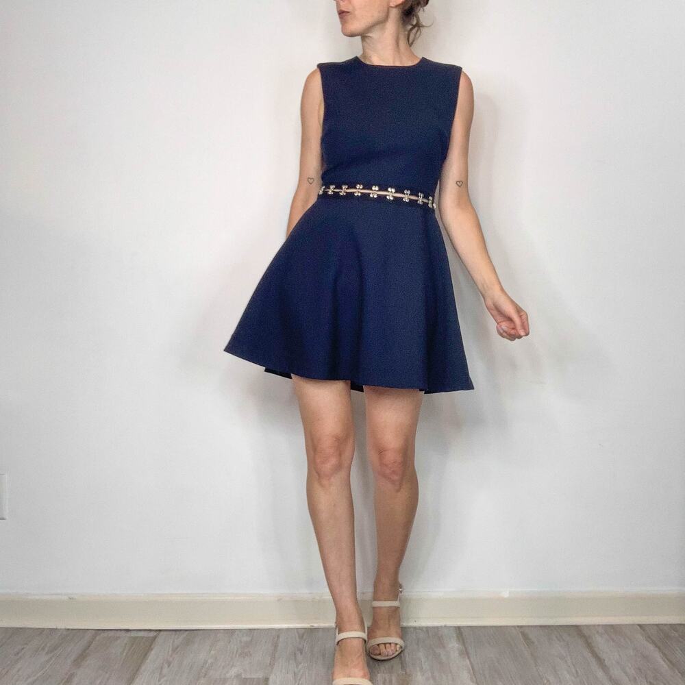 ELIZABETH & JAMES Renata fit & flare dress silver latch hook waist navy 3019